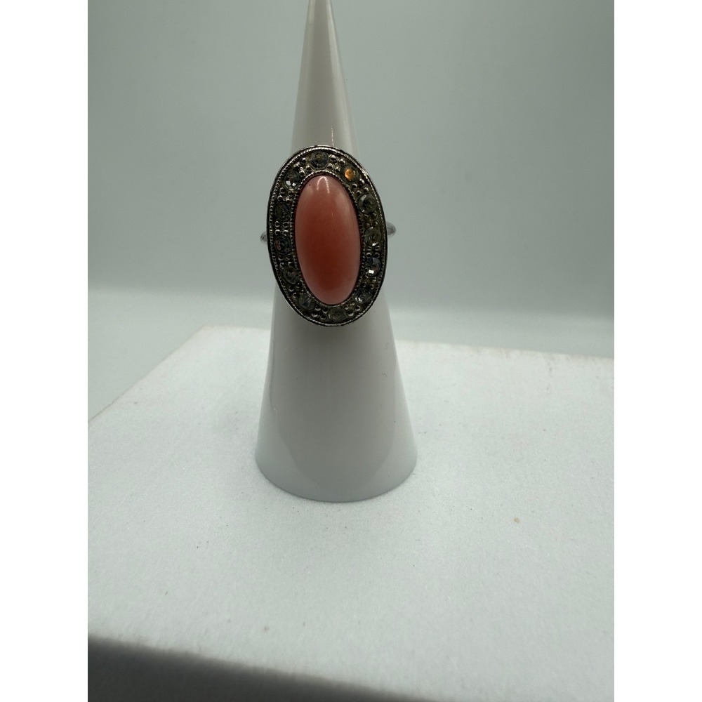 Vintage Avon Faux Coral Rhinestone Oval Cocktail Ring Silver Tone Size 5.5